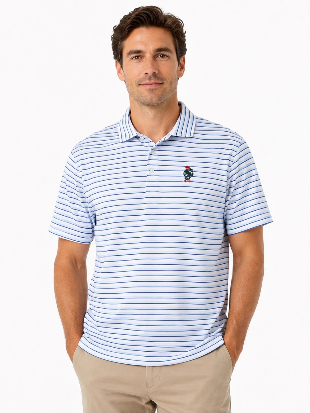 RLX Ralph Lauren Men’s XL Striped Golf Polo Shirt 1913 Crest Blue White
